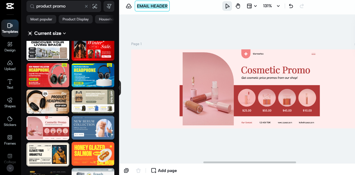 Pippit showing an email marketing design for a cosmetic promo with beauty products and pricing details.